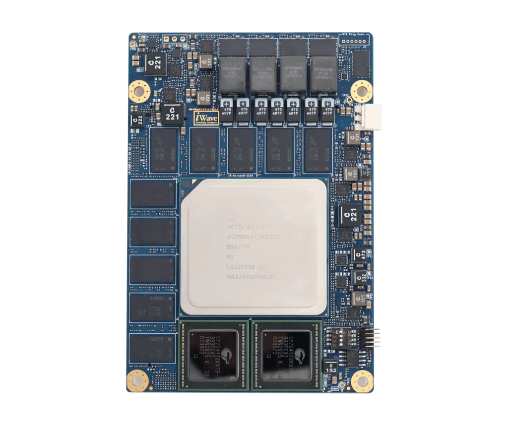 Agilex 7 R24C SoC FPGA System on Module top view showing high-speed connectors, memory components, and compact OREN+ form factor design