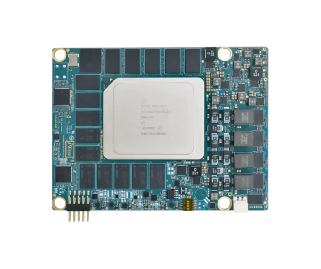 Top view of Agilex™ 7 (R31A/R31B/R31C) SoC FPGA System on Module showing high-speed connectors, memory components, and compact BRYN+ form factor design