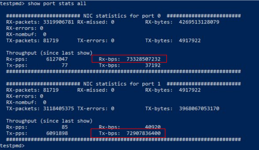 DPDK testpmd running on Windows showing RX/TX packet statistics for iW-Fibre SmartNIC