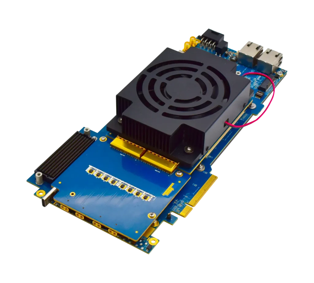 Side view of Agilex 9 R17B Direct RF Wideband PCIe Card with ADC/DAC connector